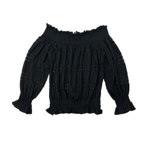 Cotton Chicks Top Womens Large Black Lace Open Knit Smocked Off Shoulder Blouse